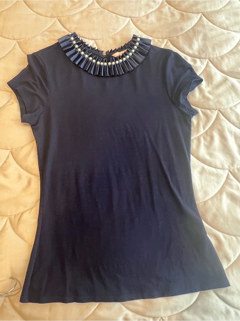 Ted Baker Navy Short Sleeve Top with Pleated Pearl Collar